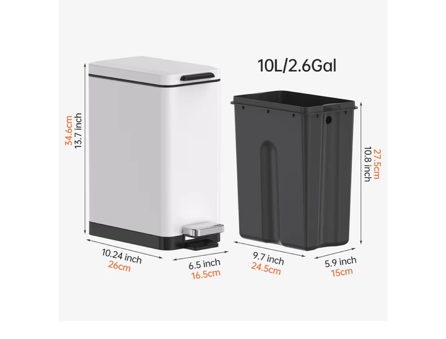 White Pedal Trash Can with Inner Bucket - 10L - photo 3