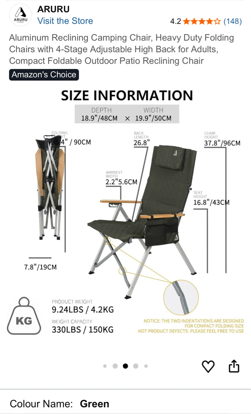 ARURU Aluminum Reclining Camping Chair - Green - photo 2
