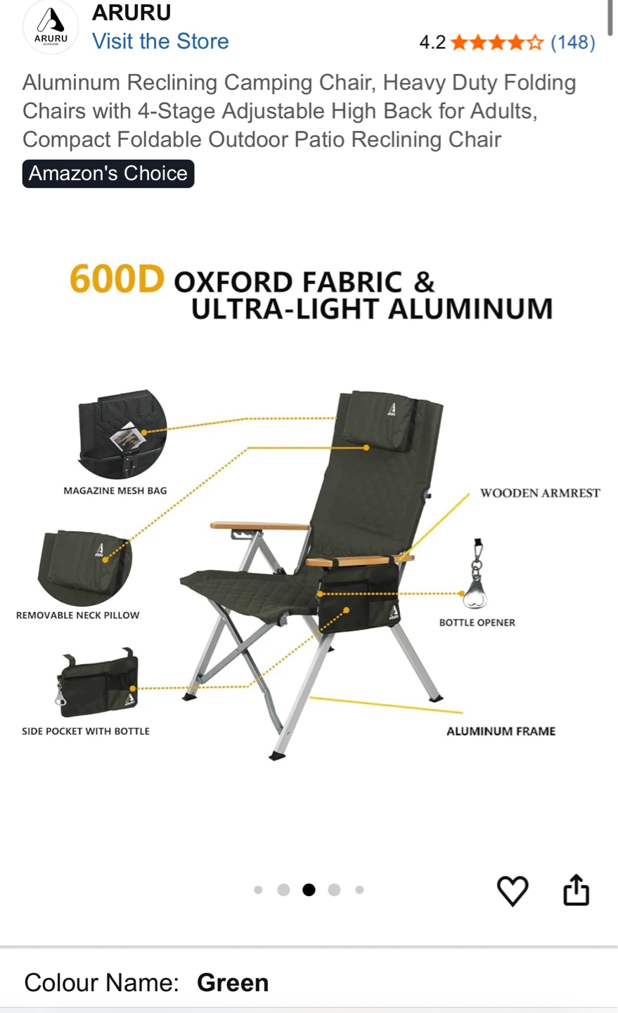 ARURU Aluminum Reclining Camping Chair - Green - photo 3