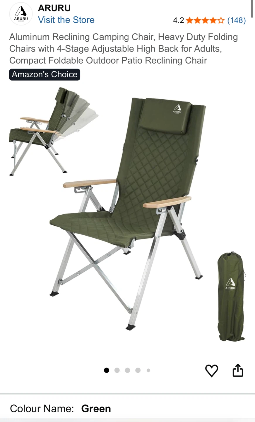 ARURU Aluminum Reclining Camping Chair - Green