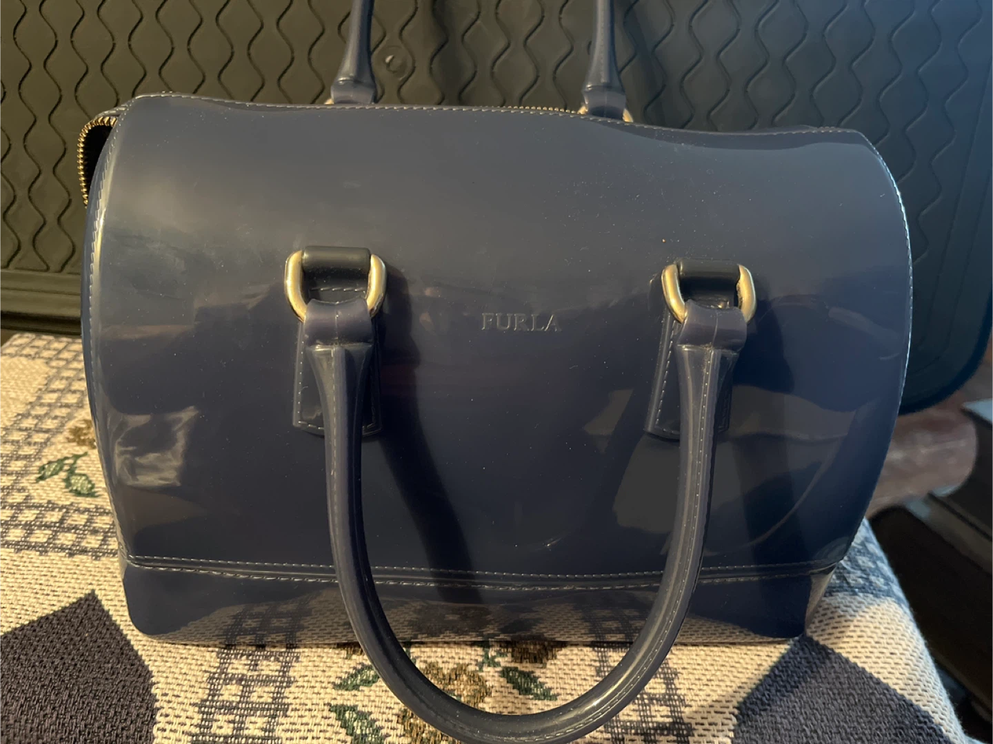 Furla Navy Blue Patent Leather Dome Satchel Handbag
