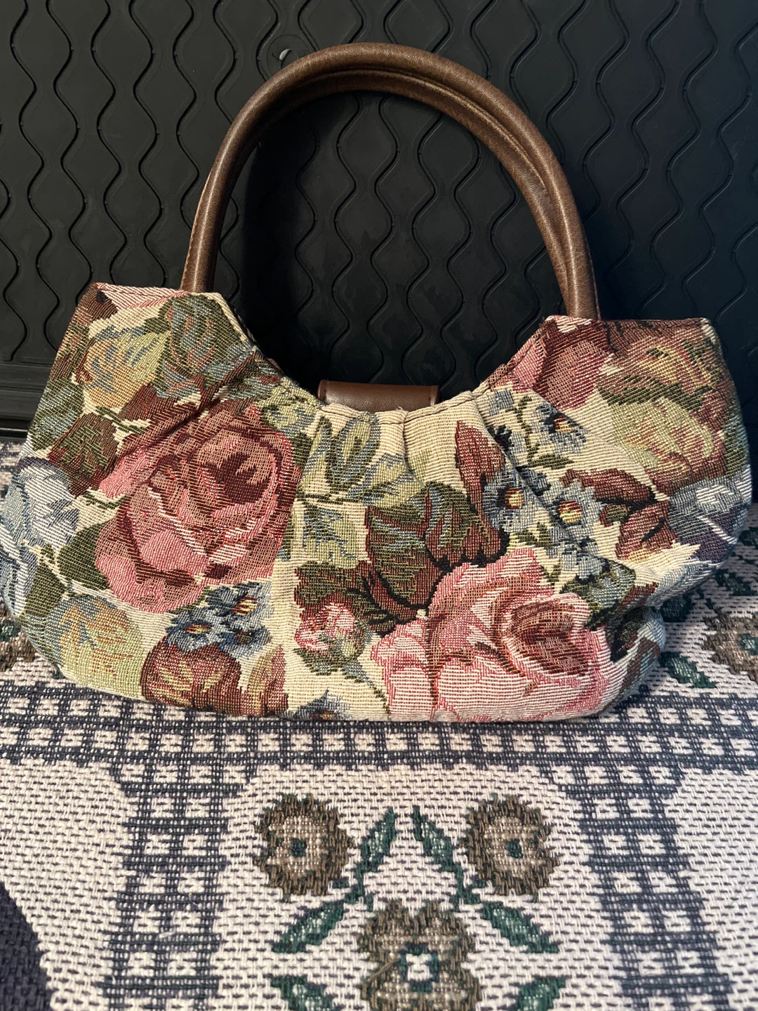Floral Tapestry Handbag with Faux Leather Handles