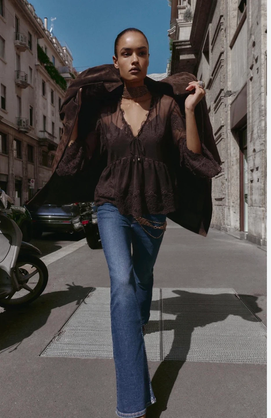 Zara Embroidered Tulle Blouse - Brown, XS