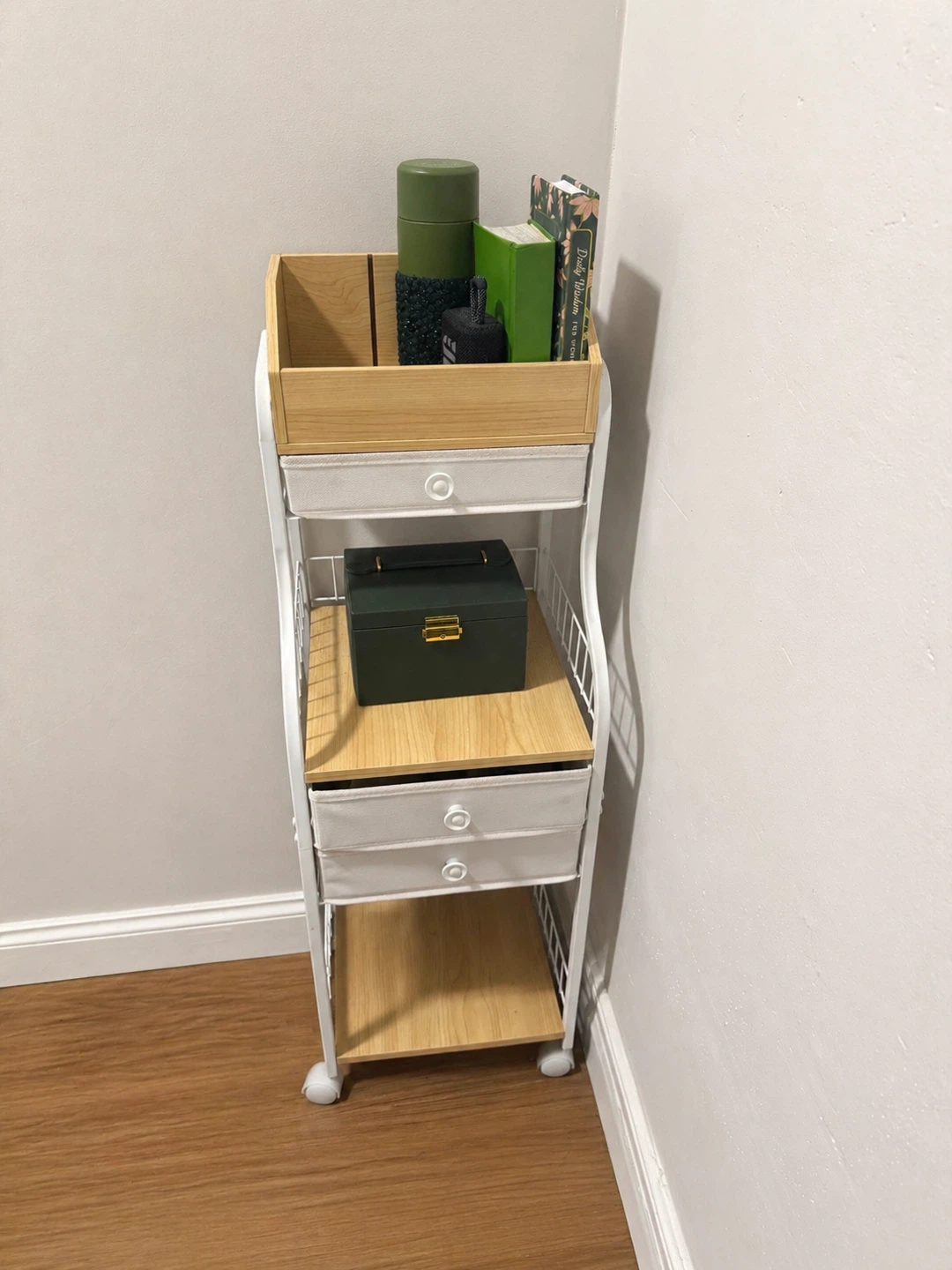 White Metal Rolling Storage Cart with 2 Drawers and Shelves