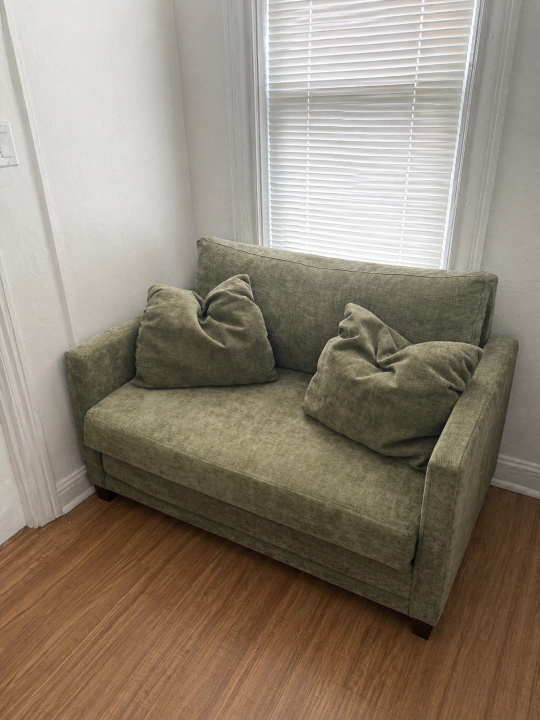 Green Two-Seater Sofa Bed with Throw Pillows