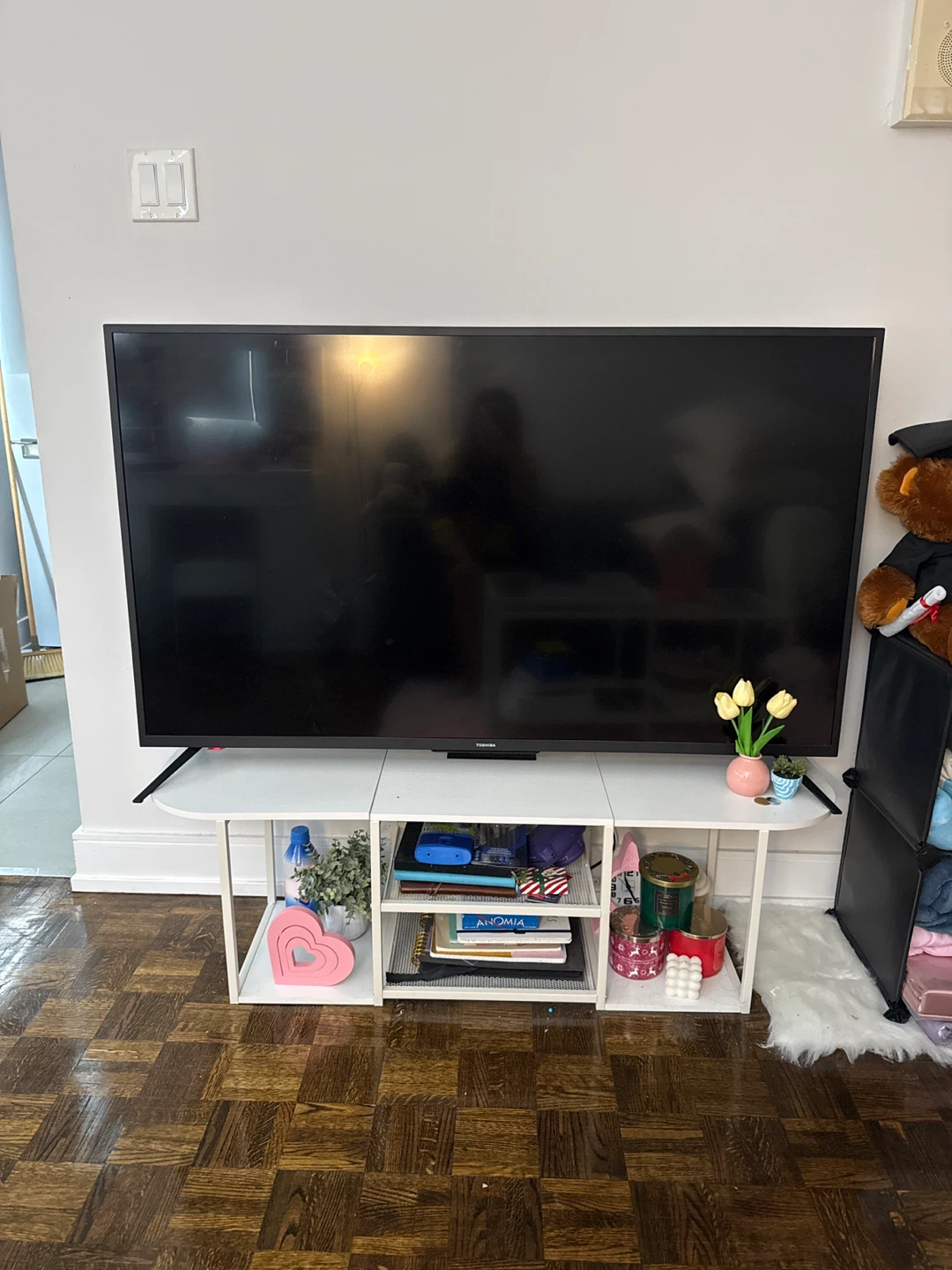 White TV Stand with Storage Shelves