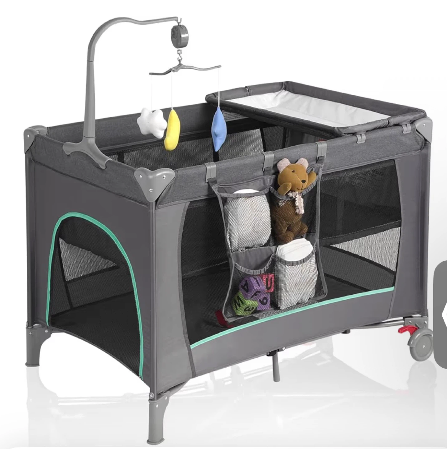 Gray Playpen with Mobile and Changing Station
