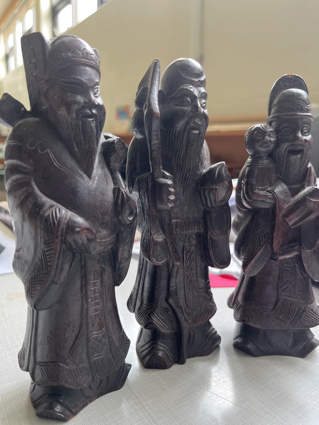 Asian Carved Wood Longevity Gods Fu Lu Shou
