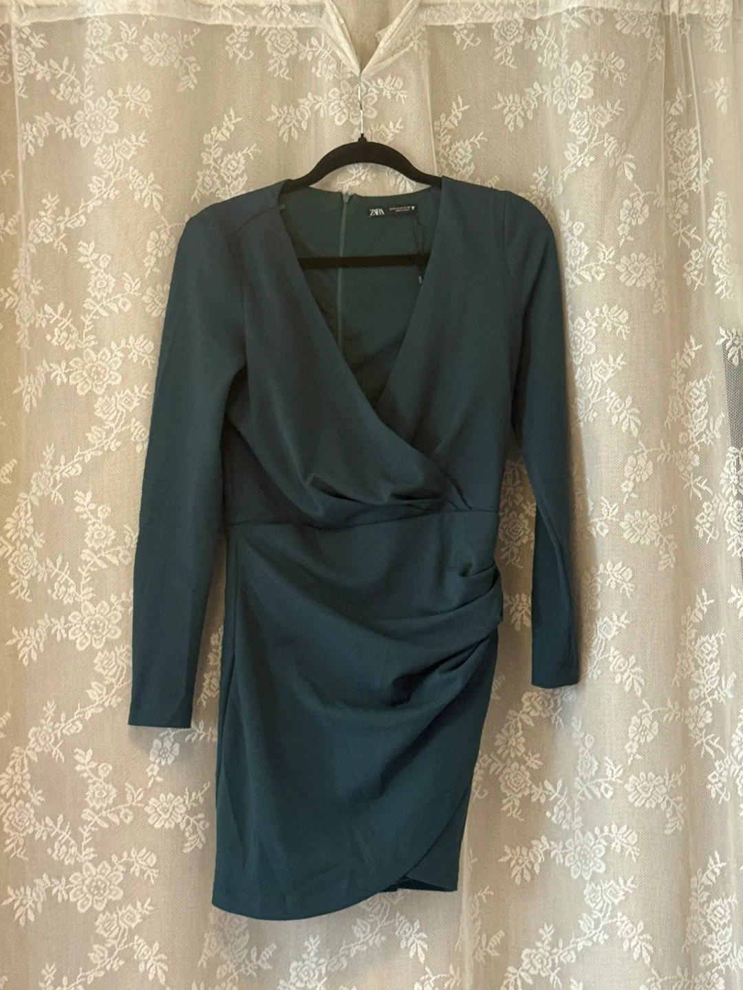 ZARA Long Sleeve Ruched Mini Dress - Teal - Size M