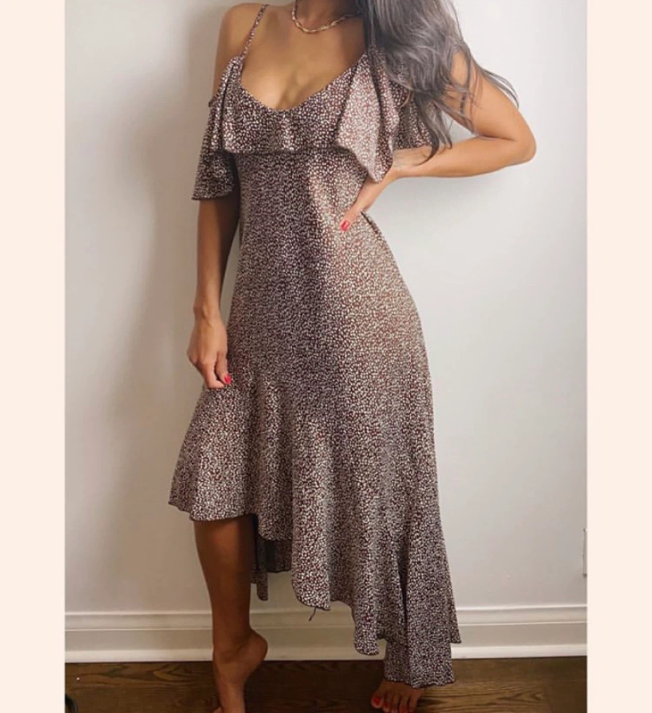Women's Floral Print Cold Shoulder Ruffle Midi Dress