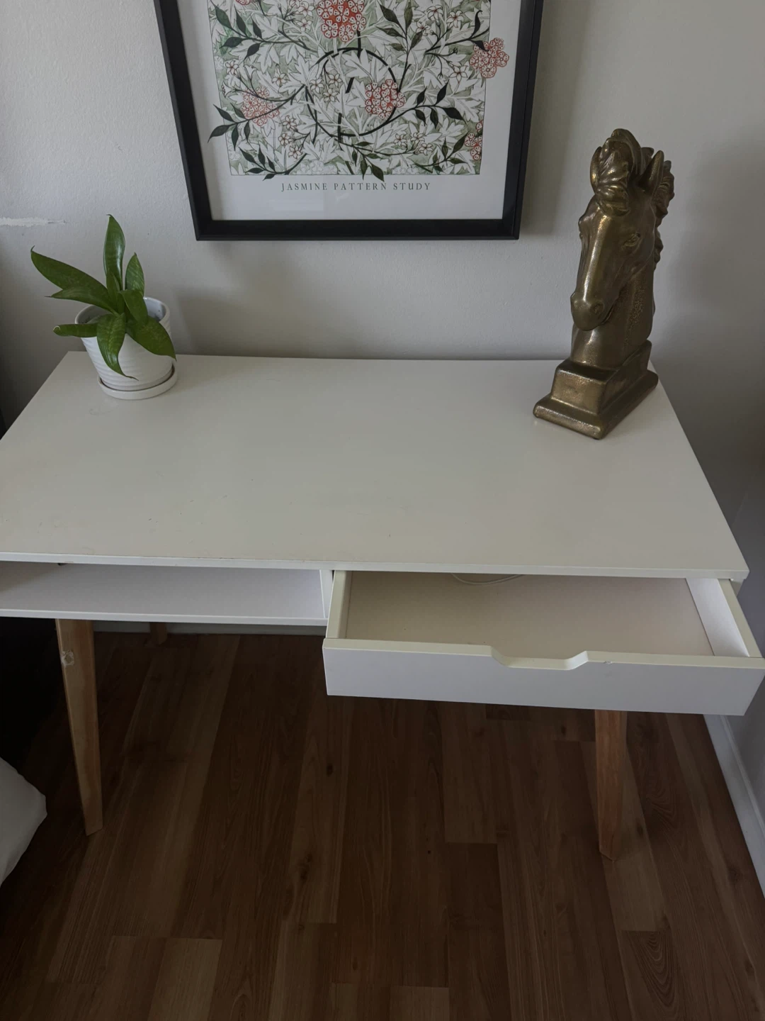 White Desk with Drawer and Open Shelf