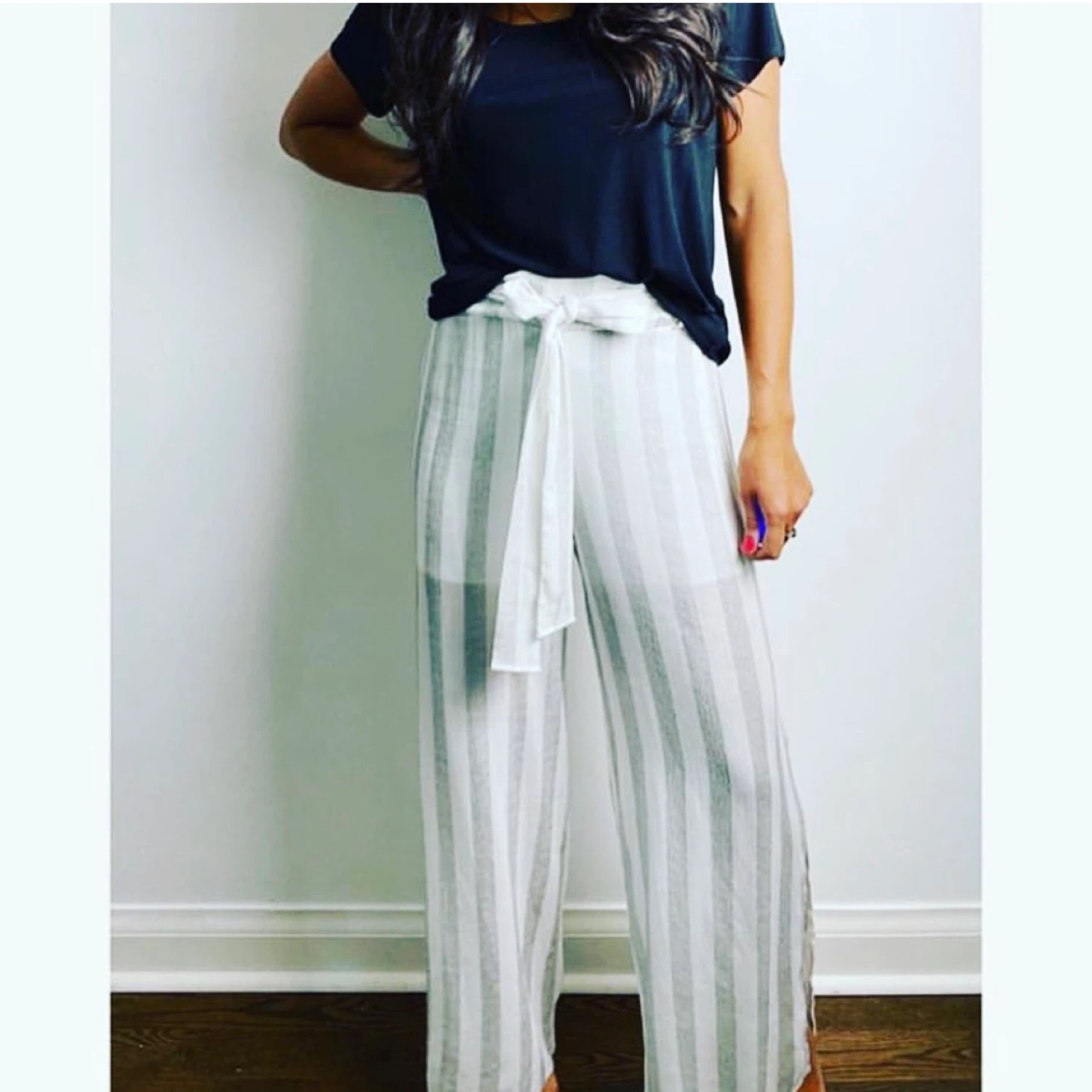 Striped Wide-Leg Pants with Tie Waist