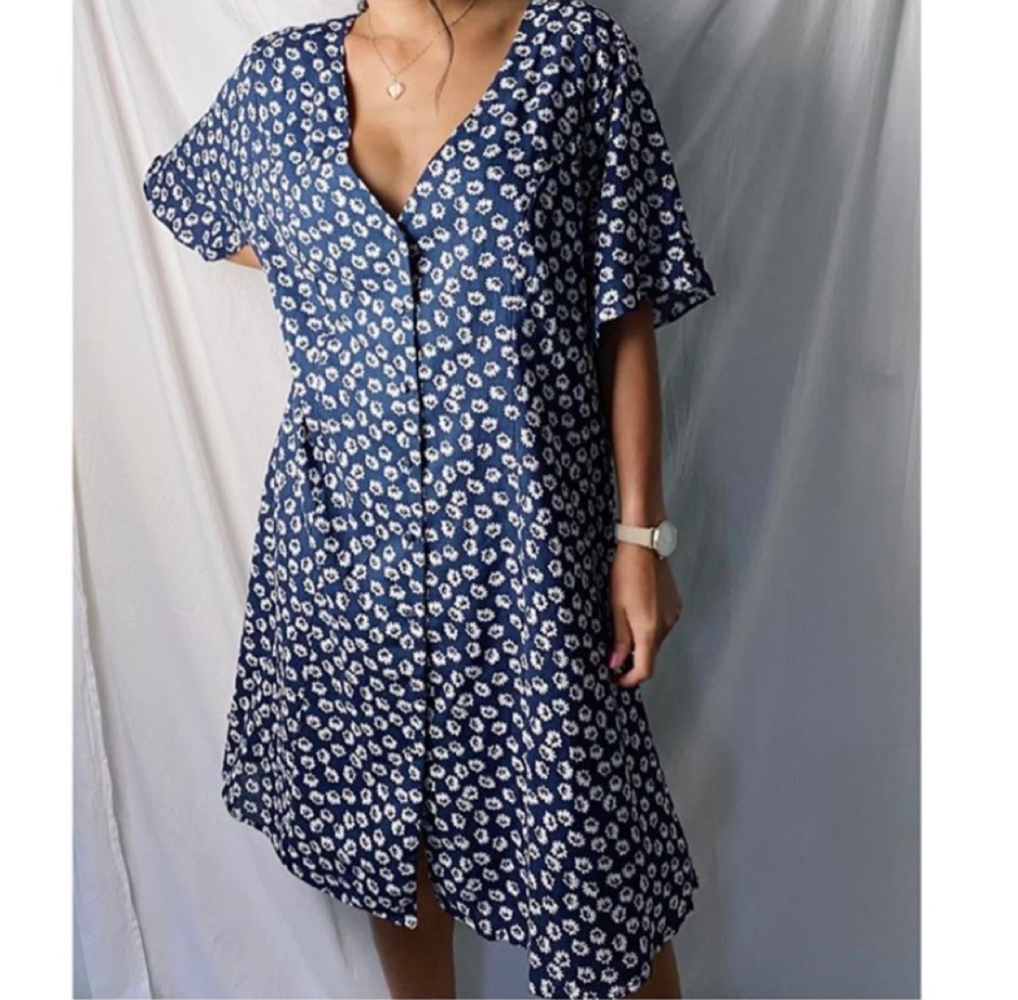 Blue Floral Button-Up Midi Dress