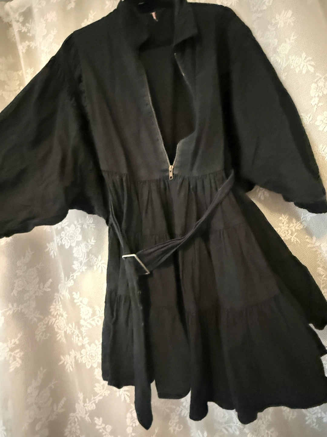 Free People Black Tiered Zipped Mini Dress with Belt - photo 3