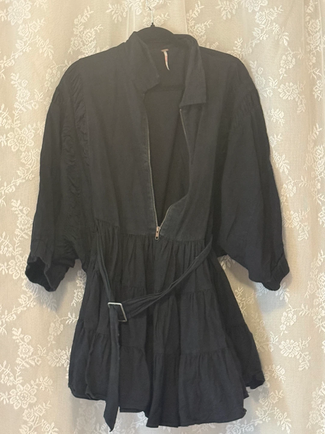 Free People Black Tiered Zipped Mini Dress with Belt