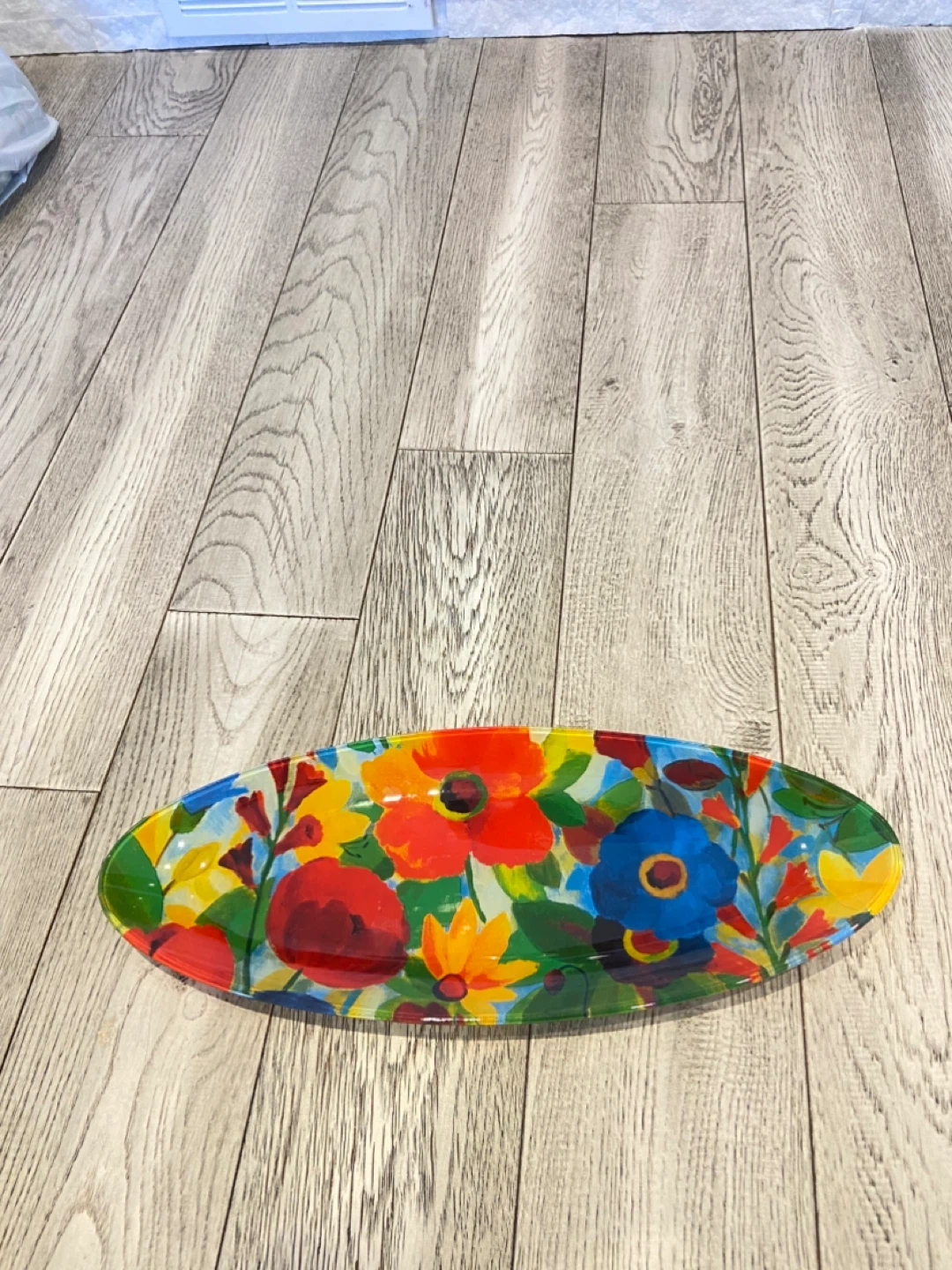Oval Glass Serving Tray with Floral Design