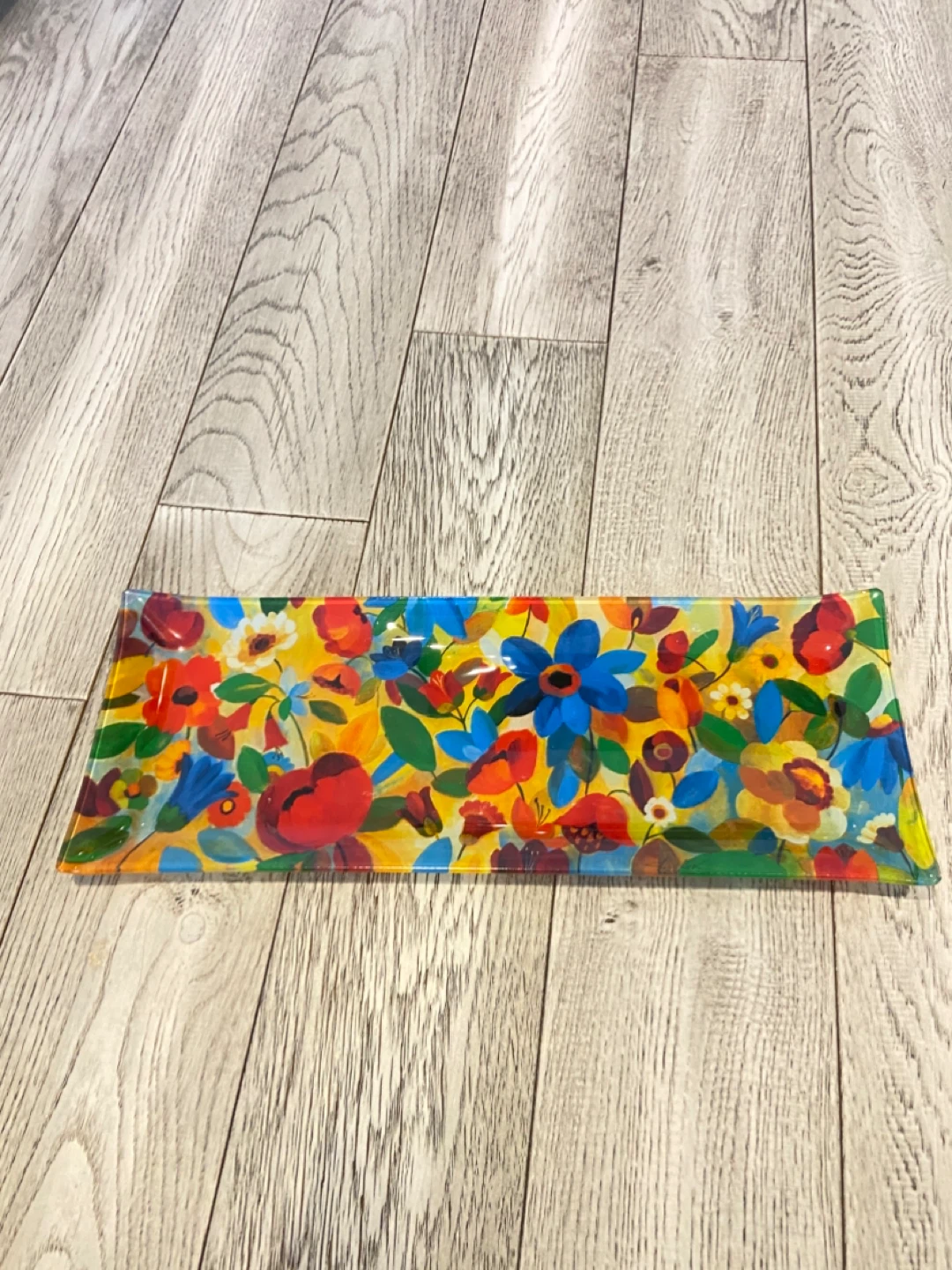 Decorative Rectangular Glass Tray - Floral Pattern