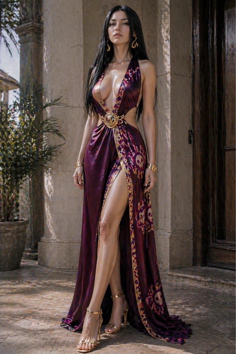 Deep V-Neck Maxi Dress with Skull Print