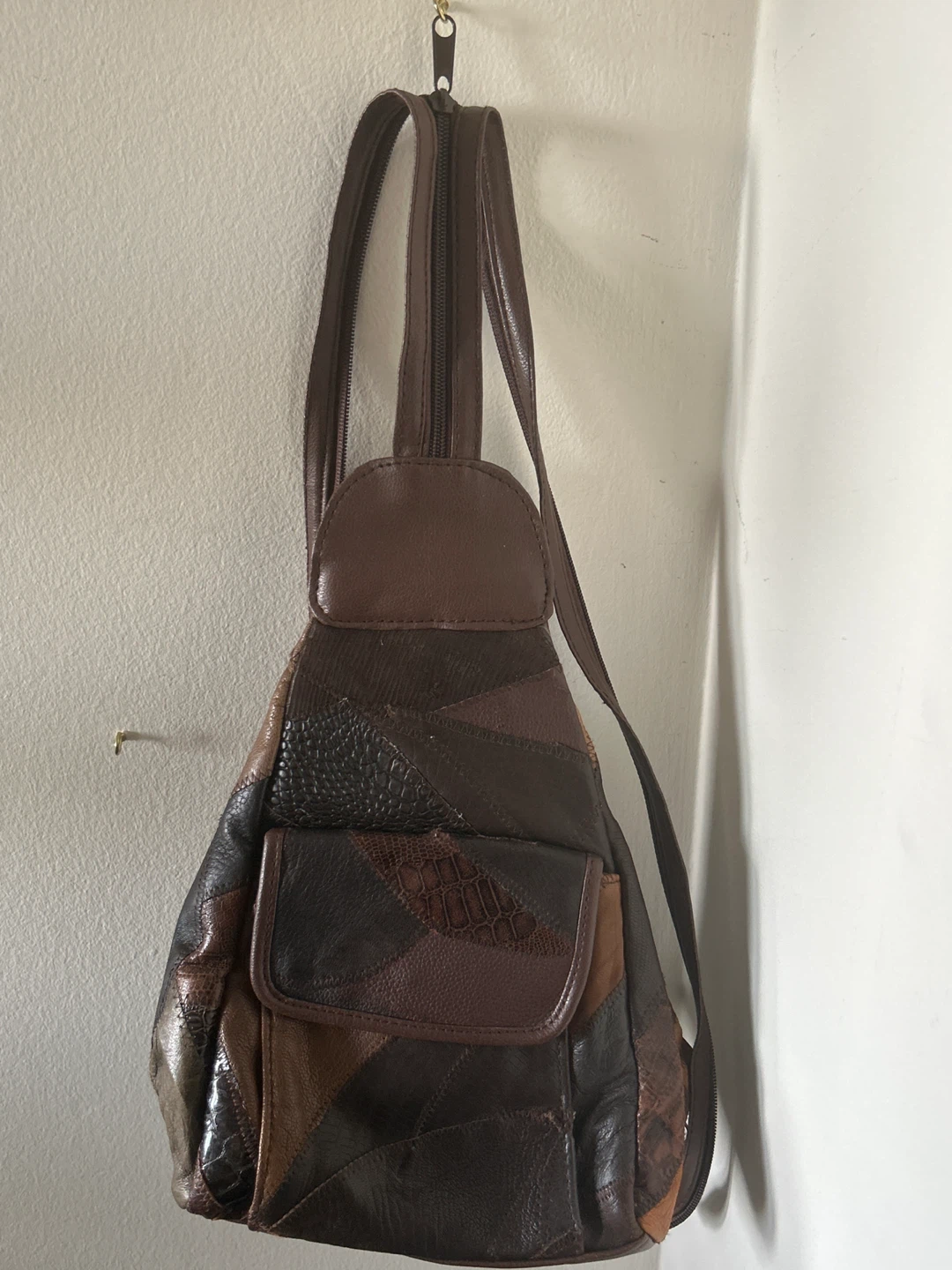 Brown Patchwork Leather Sling Backpack Purse