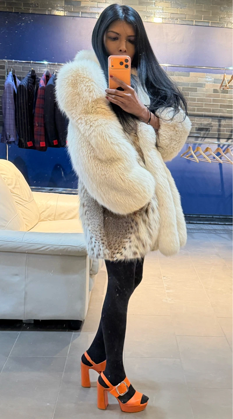 Genuine Real Fox and lynx  Fur Coat