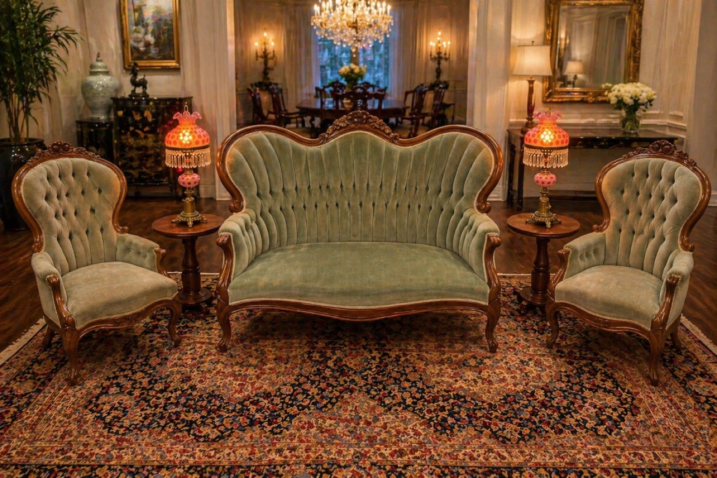 Antique Tufted Loveseat and Accent Chairs Set