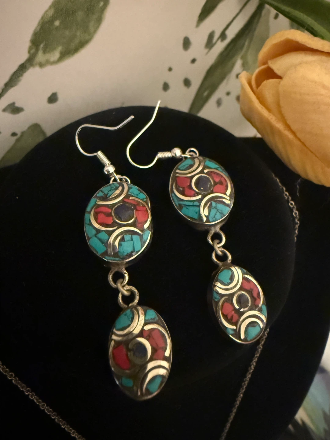 Dangle Earrings with Turquoise, Red, and Blue Inlay