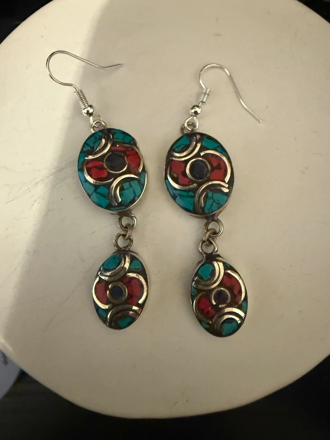 Dangle Earrings with Turquoise, Red, and Blue Inlay - photo 2