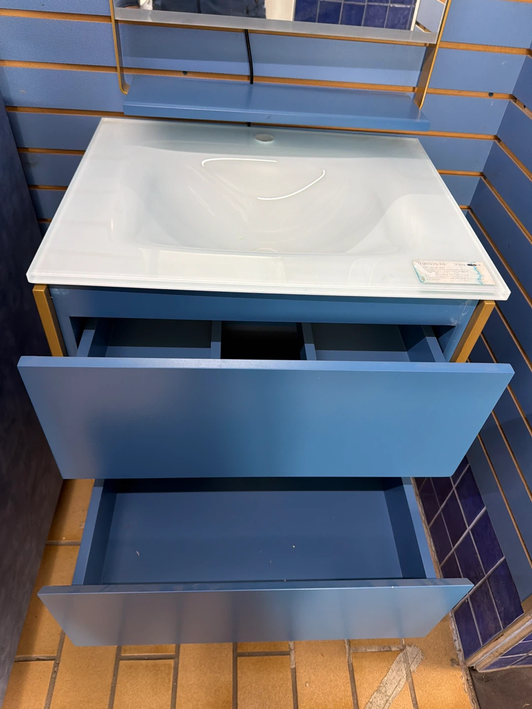 Blue Vanity with White Glass Top and 2 Drawers - photo 2