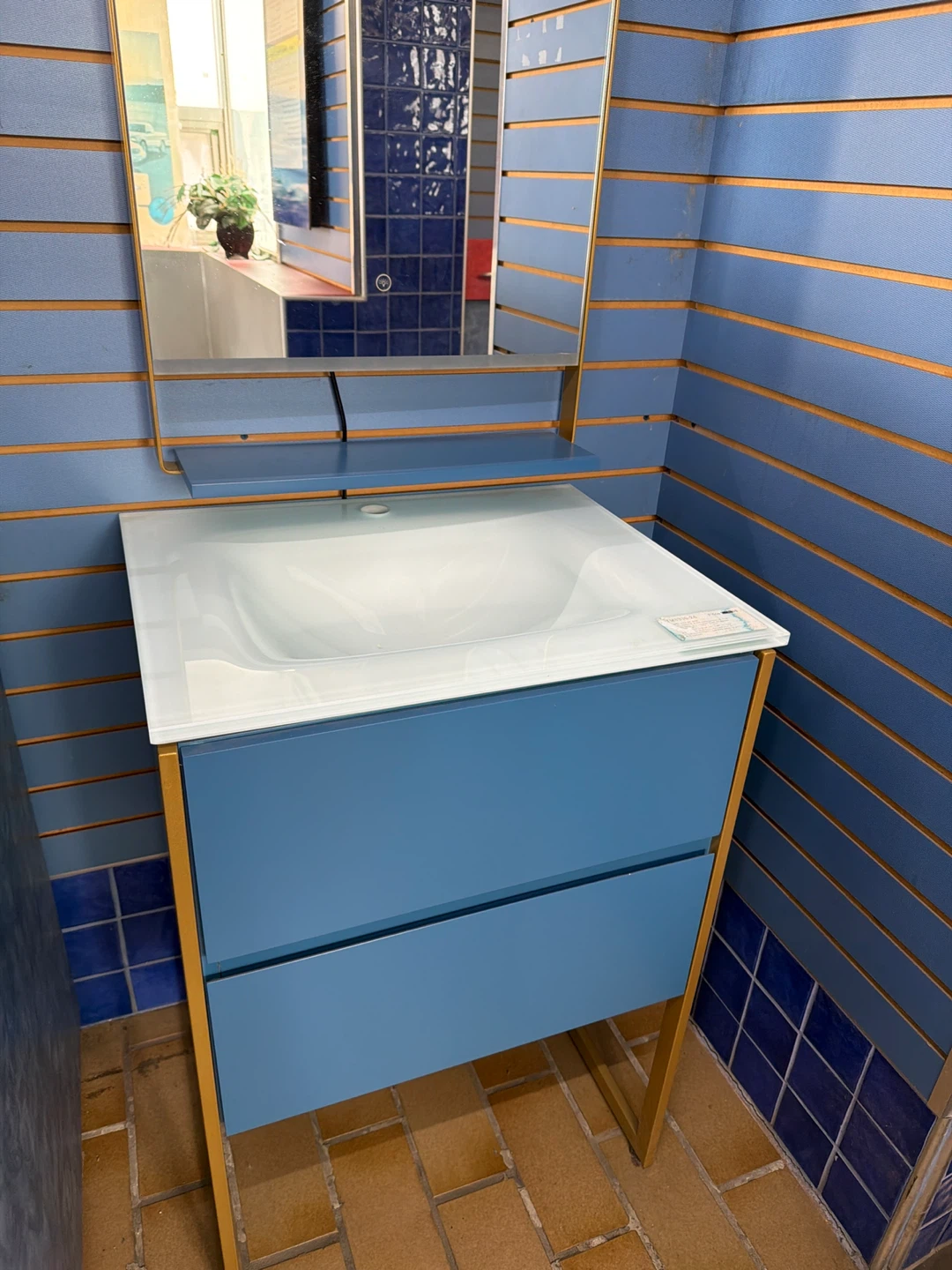 Blue Vanity with White Glass Top and 2 Drawers