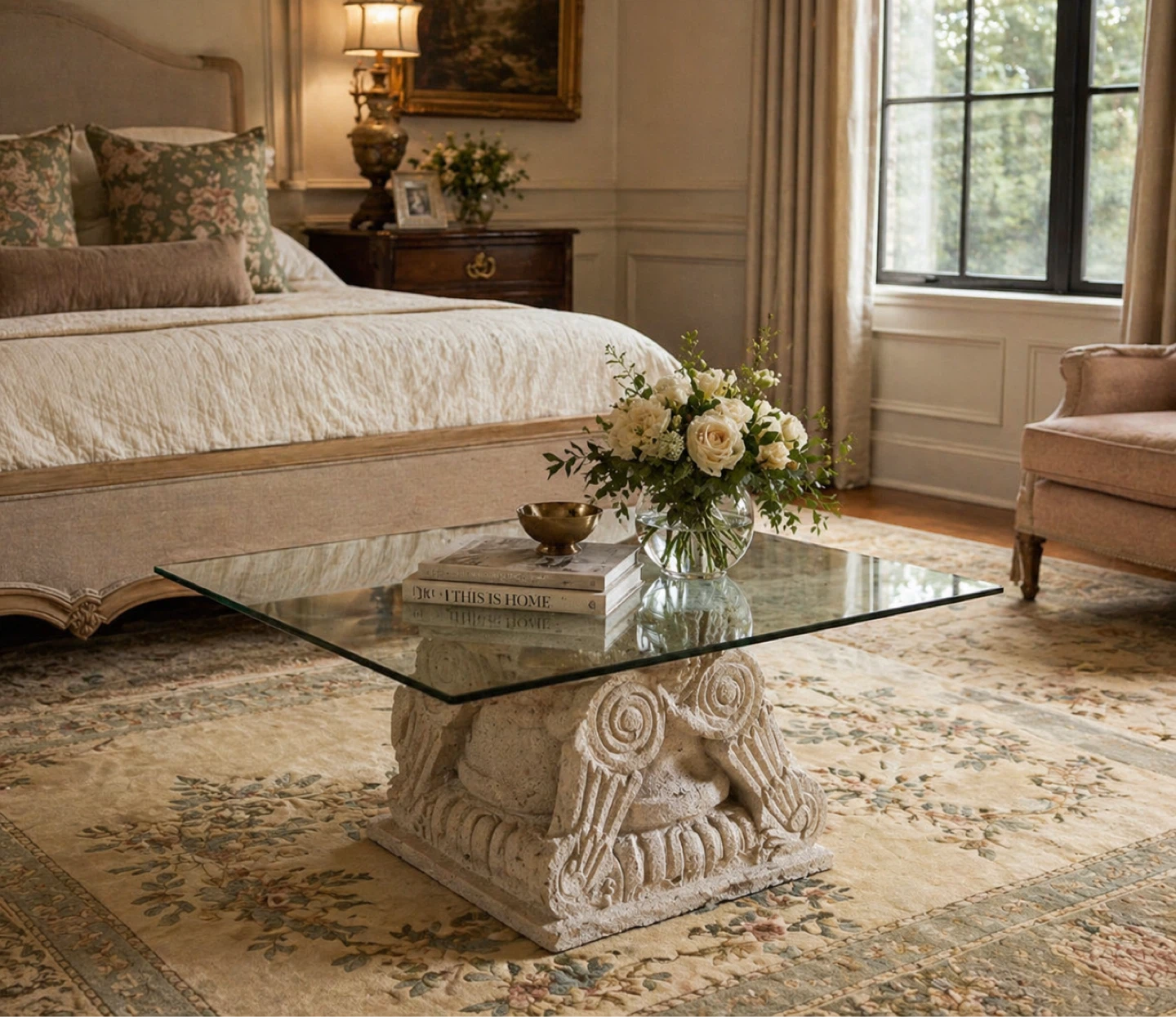 Glass Top Coffee Table with Ornate Base