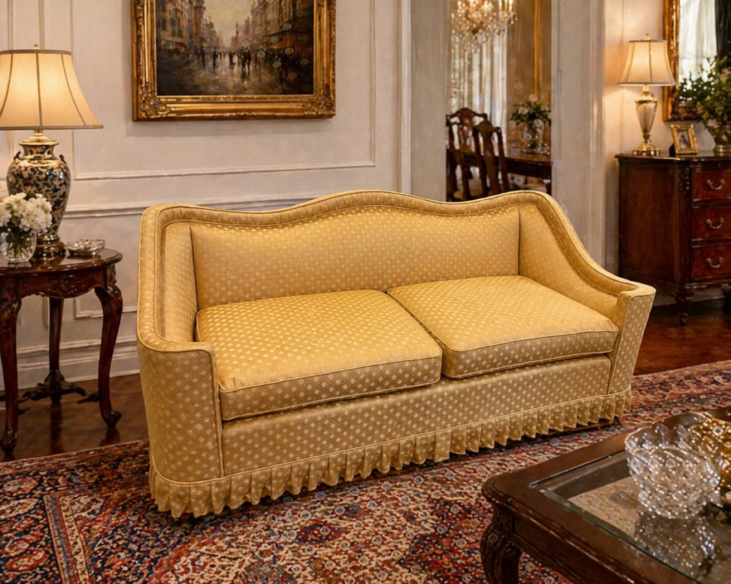 Yellow Damask Pattern Sofa with Skirted Base