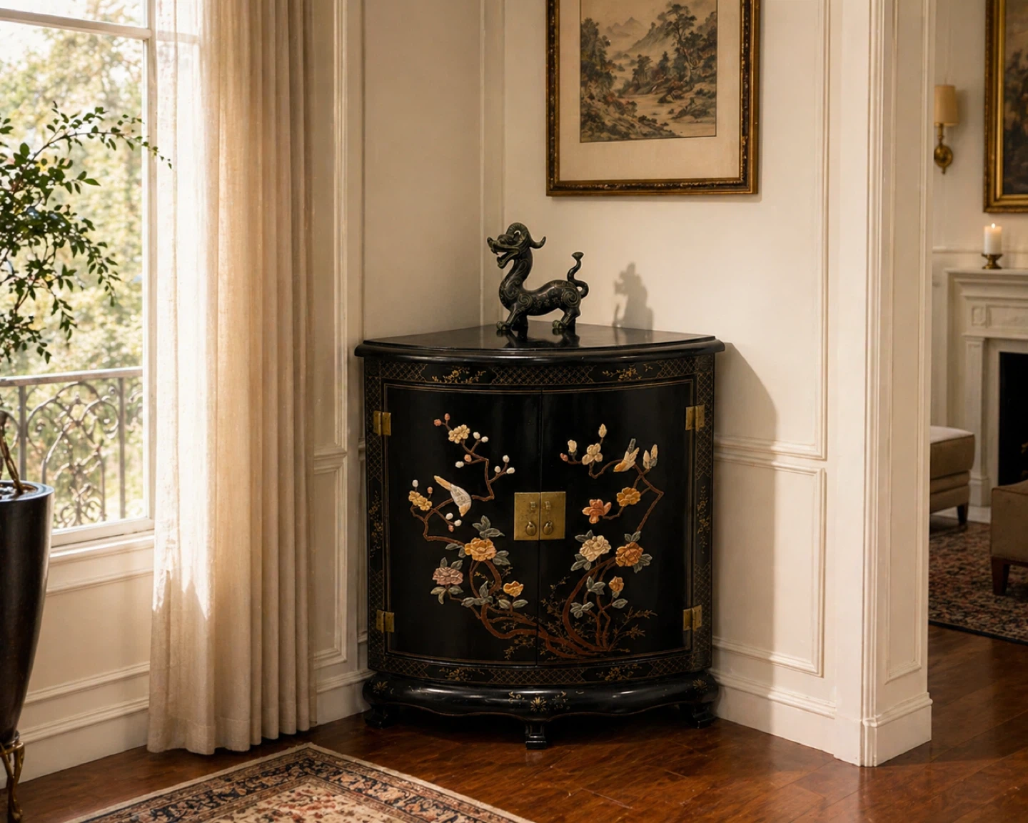 Black Corner Cabinet with Floral Design
