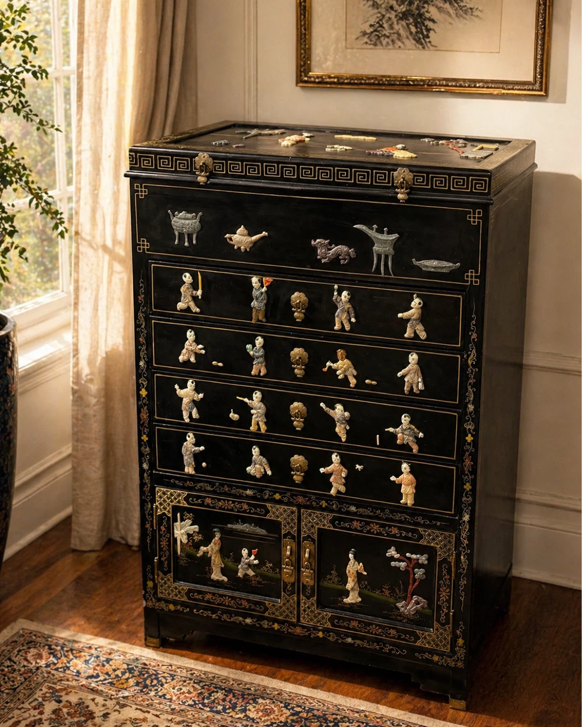 Vintage Black Lacquer Cabinet with Figurines