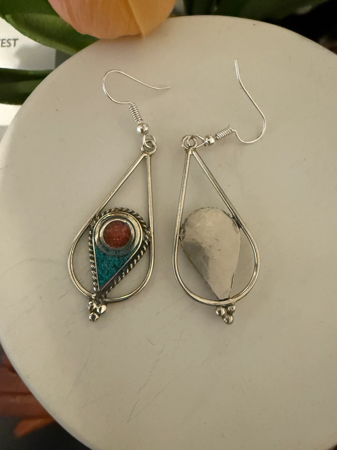Teardrop Dangle Earrings with Turquoise and Coral Accents - photo 2