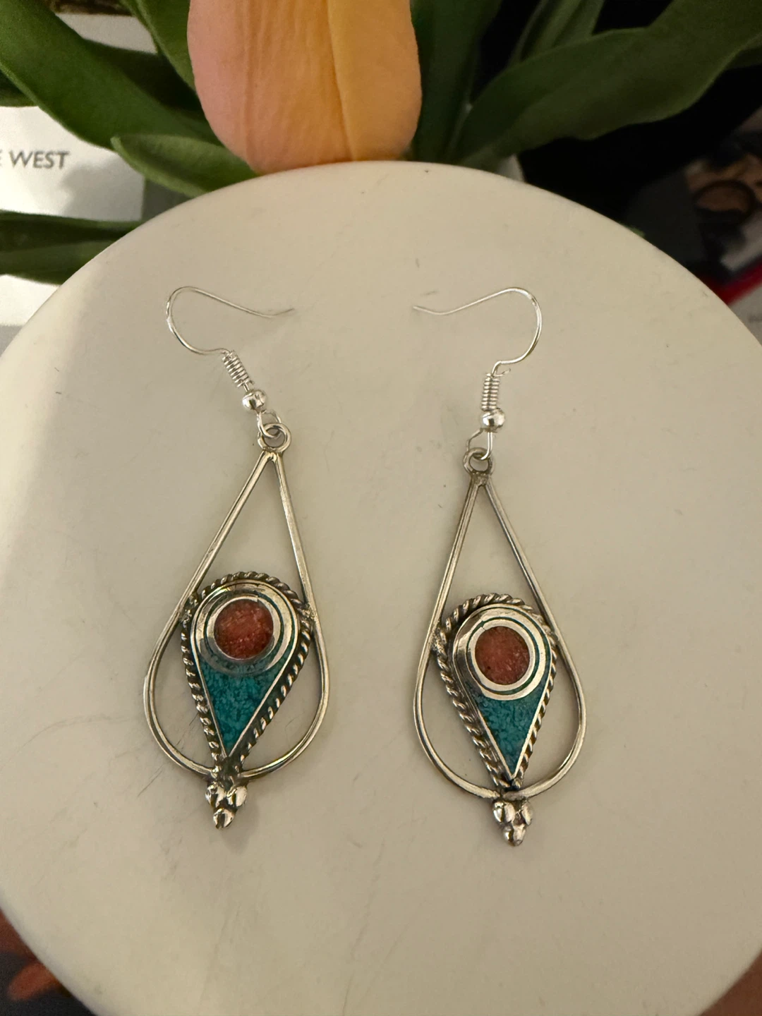 Teardrop Dangle Earrings with Turquoise and Coral Accents
