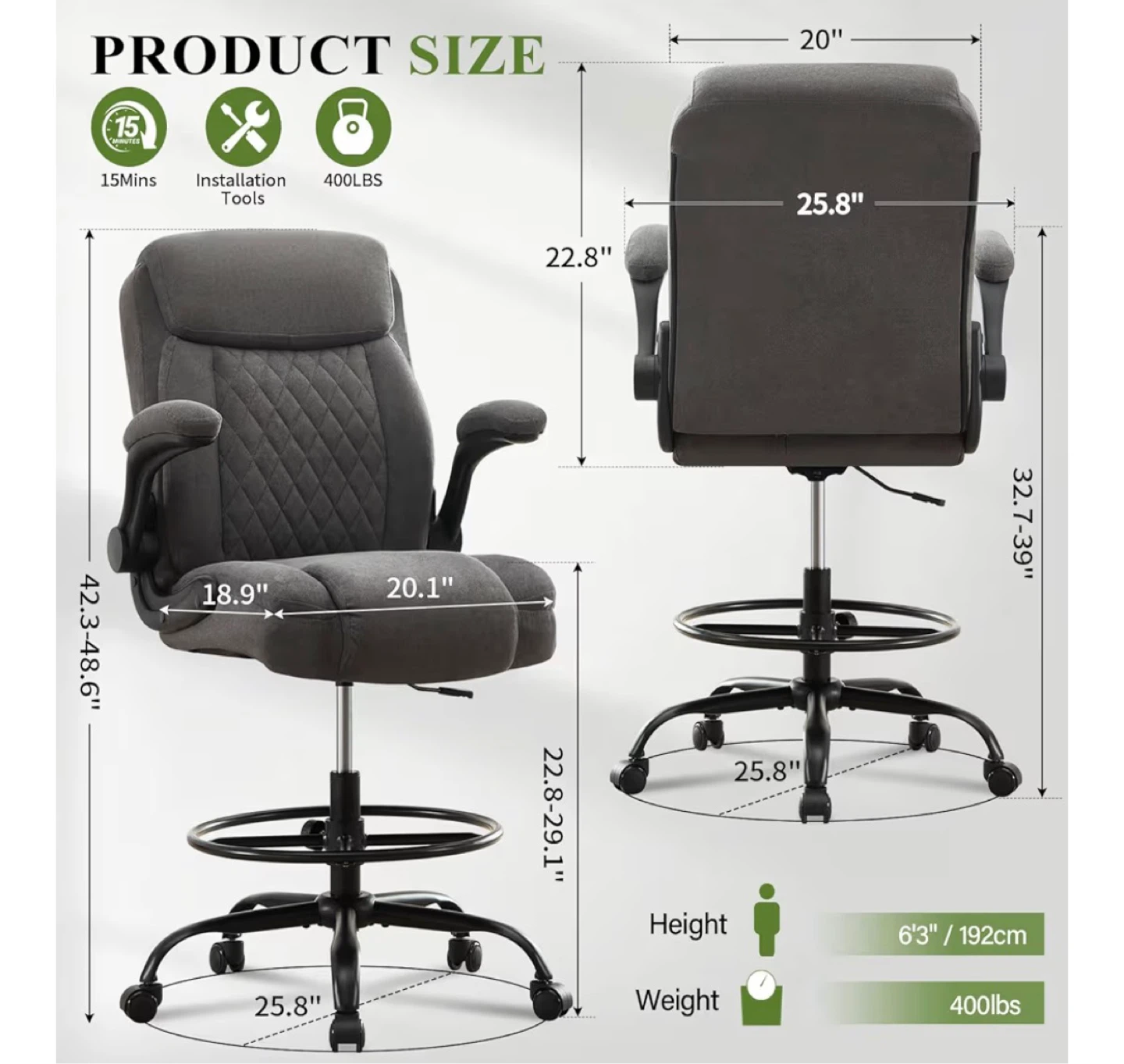 Gray Fabric Drafting Chair with Footrest - photo 3