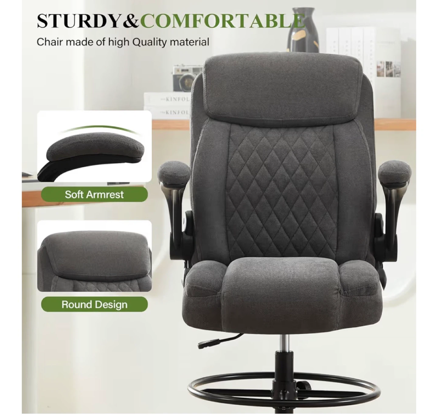 Gray Fabric Drafting Chair with Footrest - photo 2