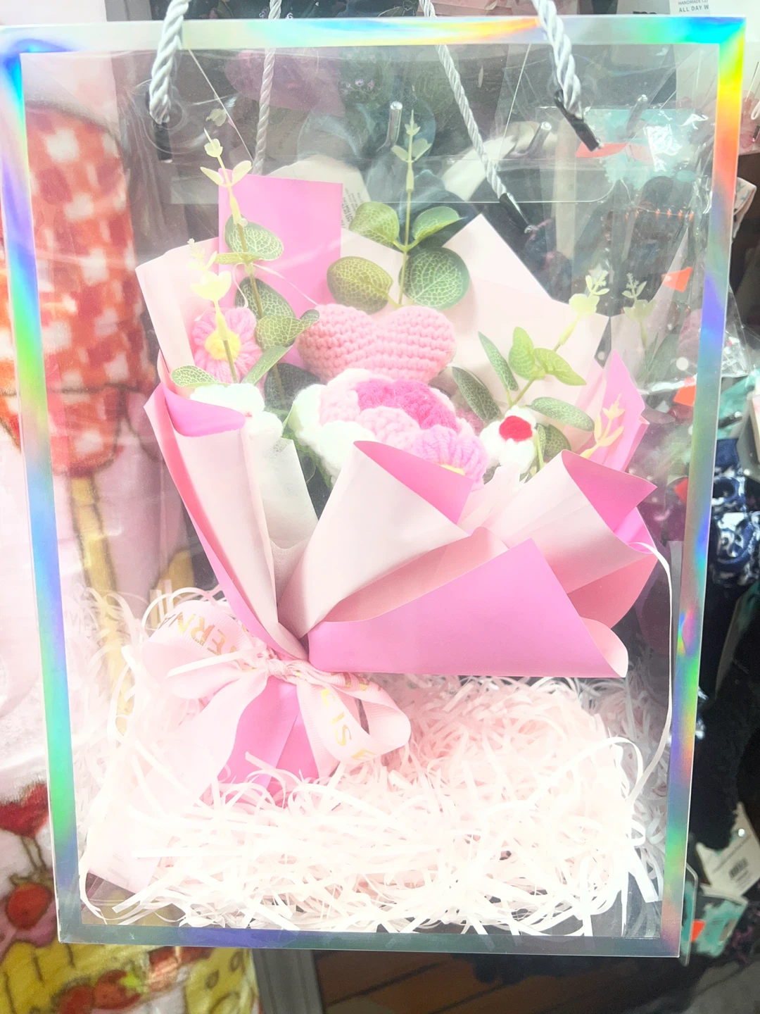 Crocheted Heart and Flower Bouquet in Gift Box