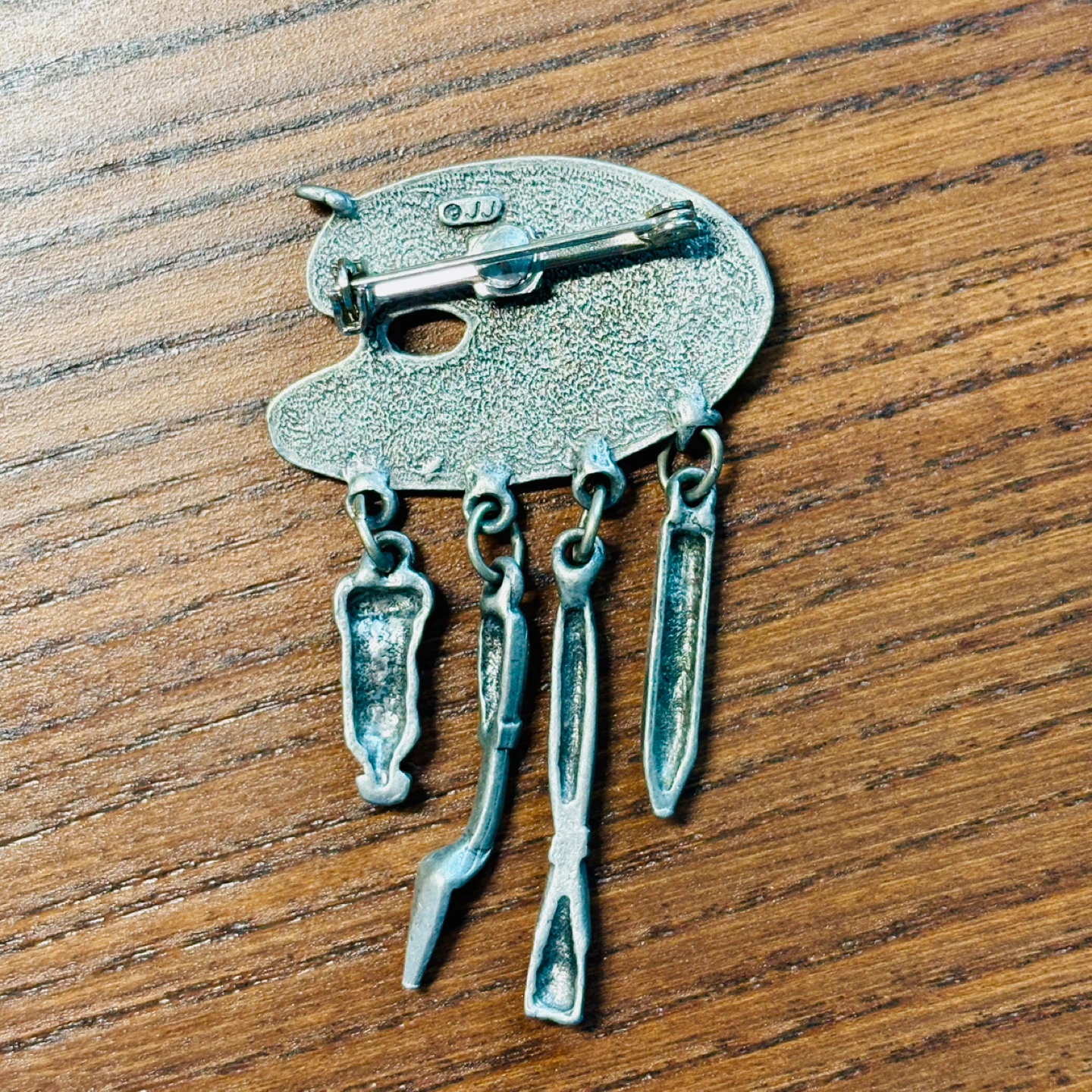 Vintage JJ Jonette Pewter Artist Palette Brooch Pin Dangles - photo 2