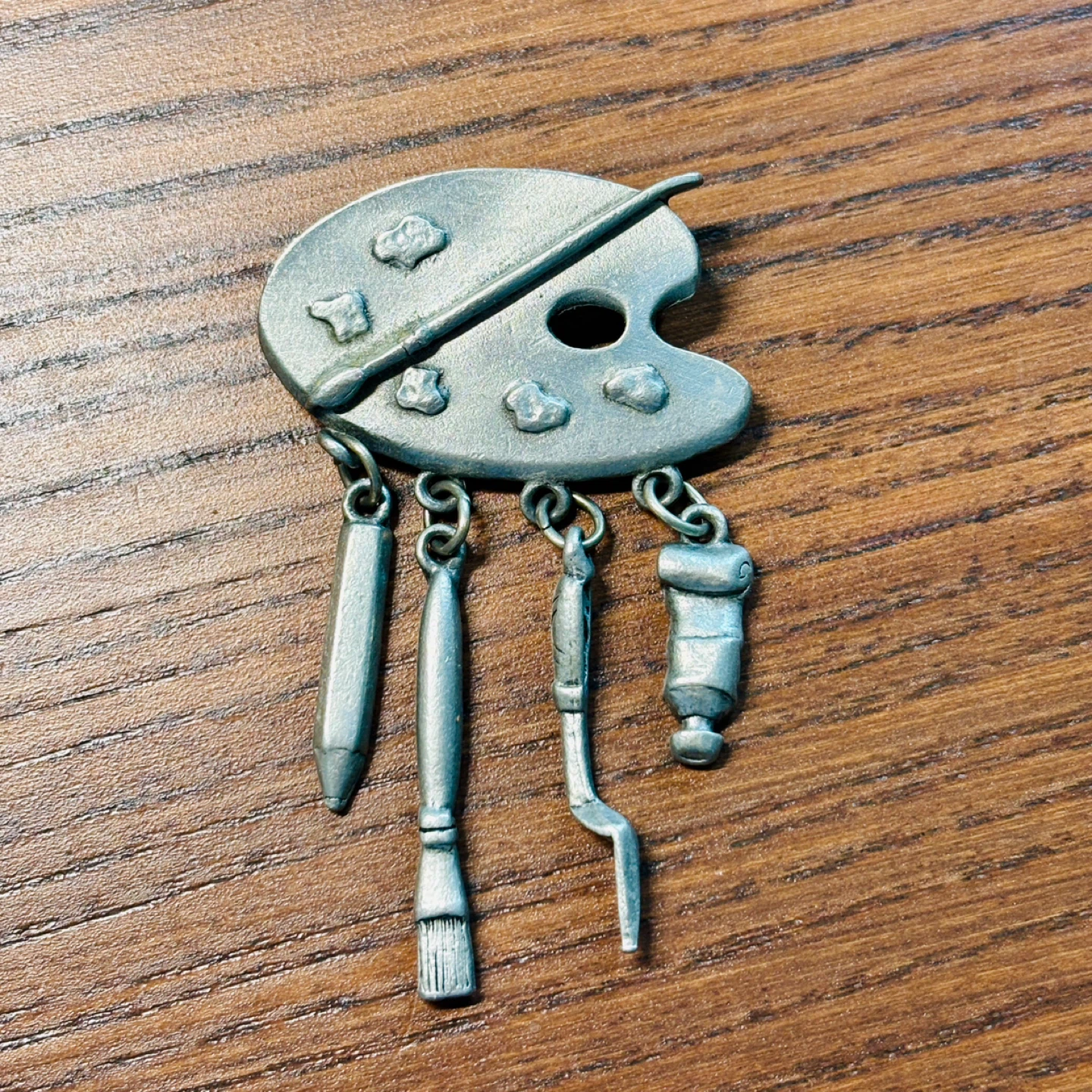 Vintage JJ Jonette Pewter Artist Palette Brooch Pin Dangles