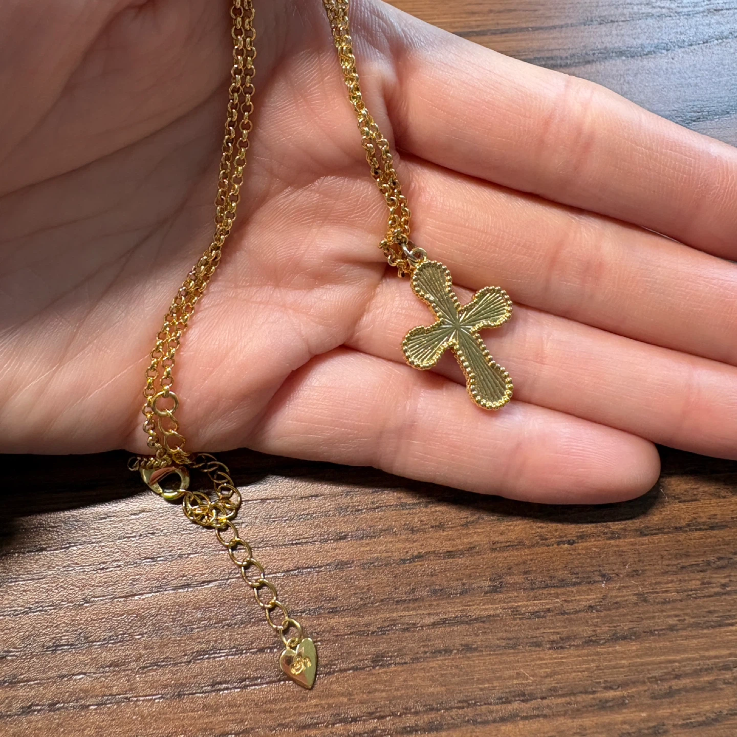Gold Tone Cross Pendant Necklace Beaded Edge Textured Starburst