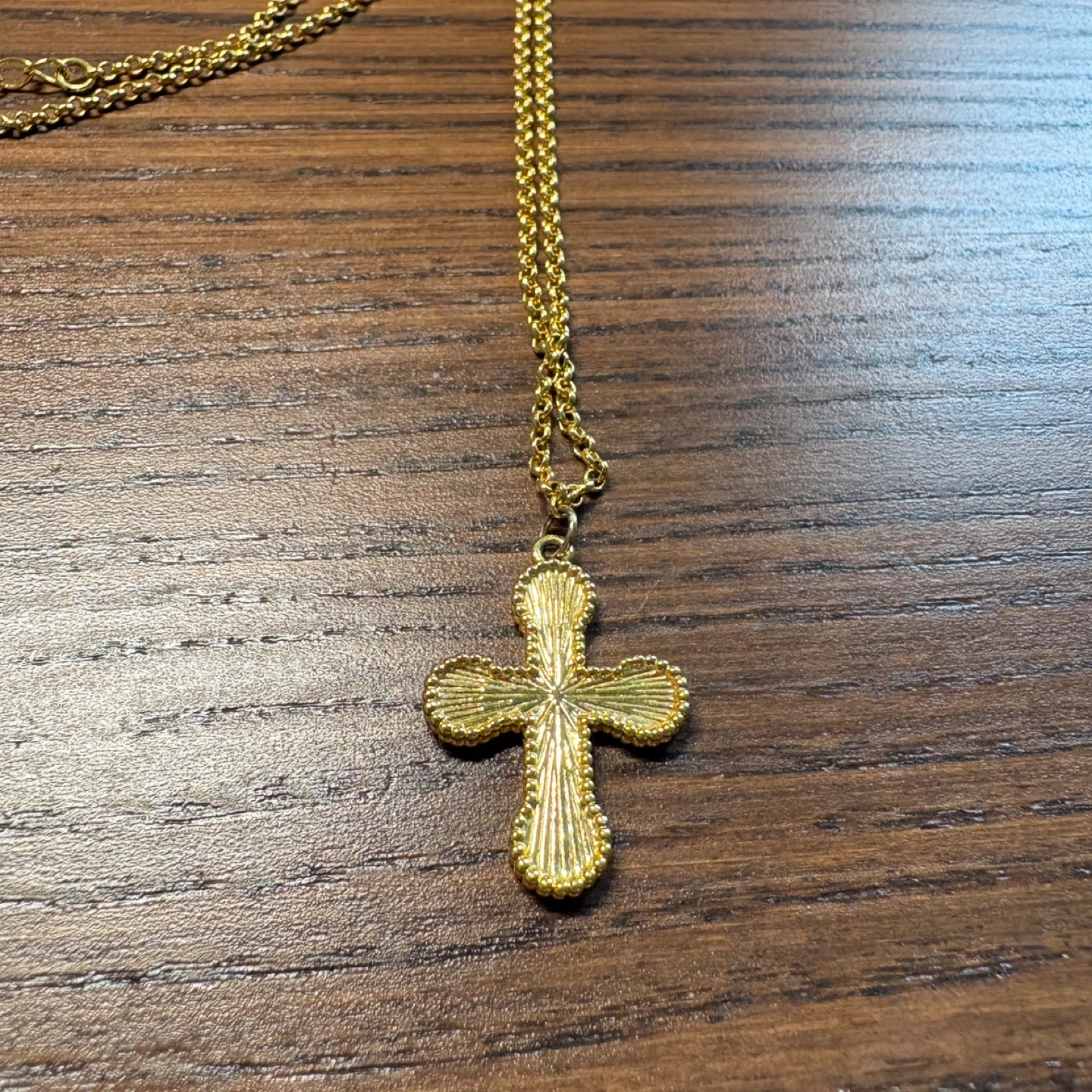 Gold Tone Cross Pendant Necklace Beaded Edge Textured Starburst - photo 2