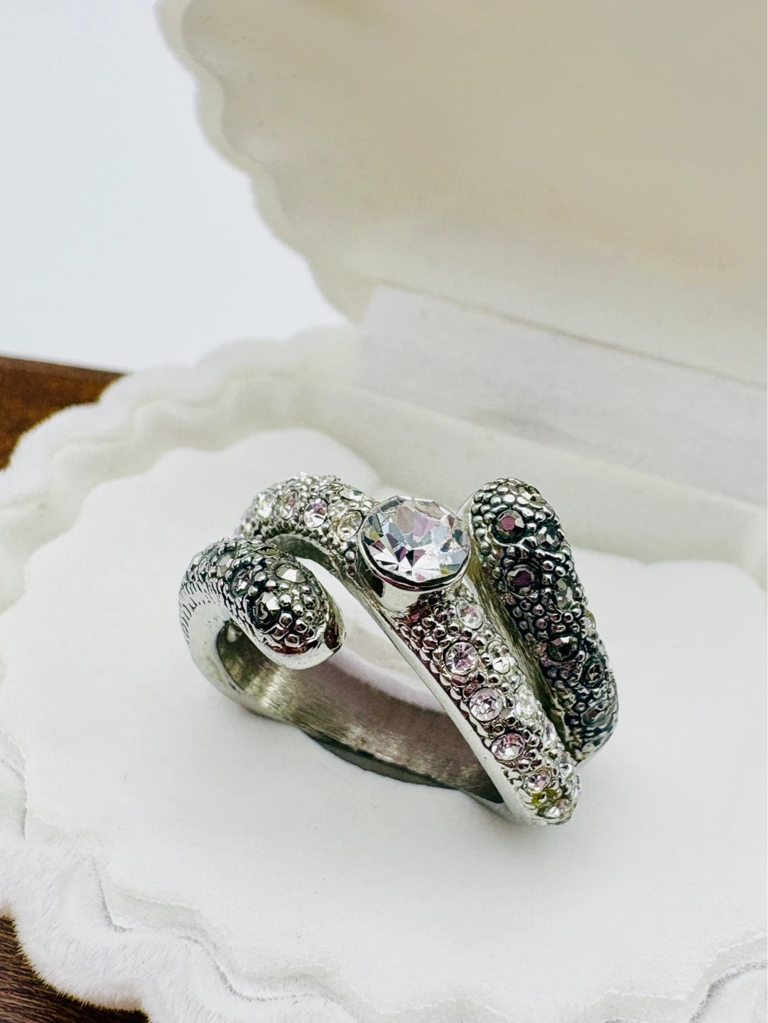 Vintage Snake Wrap Ring Silver Tone with Crystals - Size 6