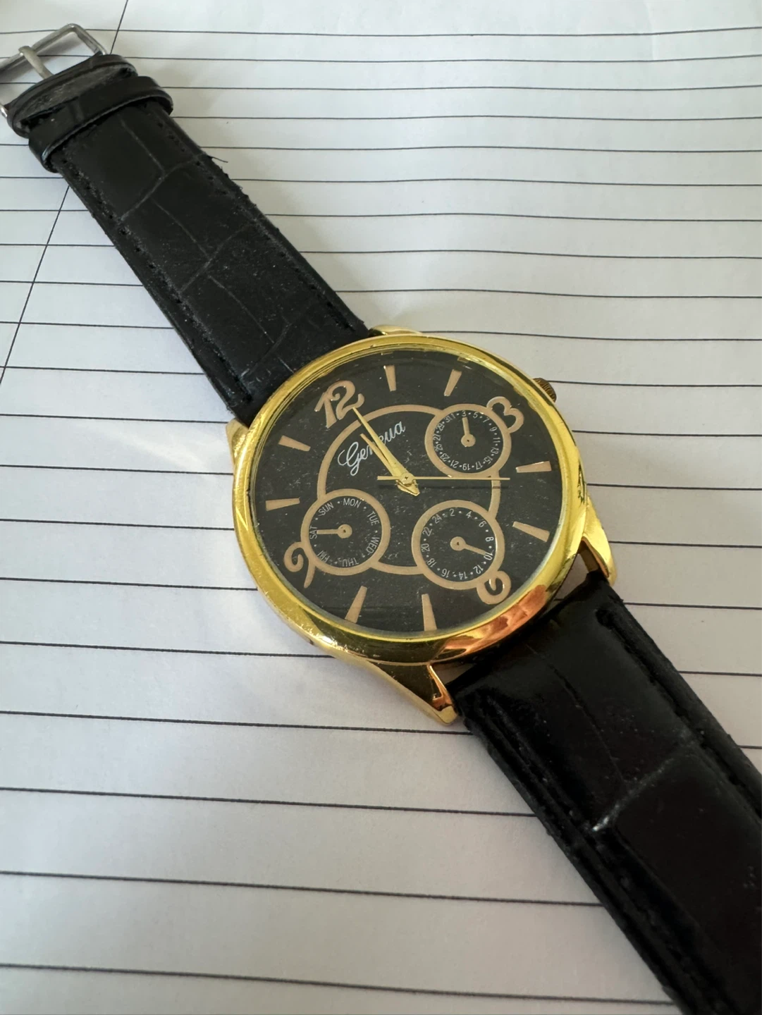 Geneva Black Leather Strap Watch