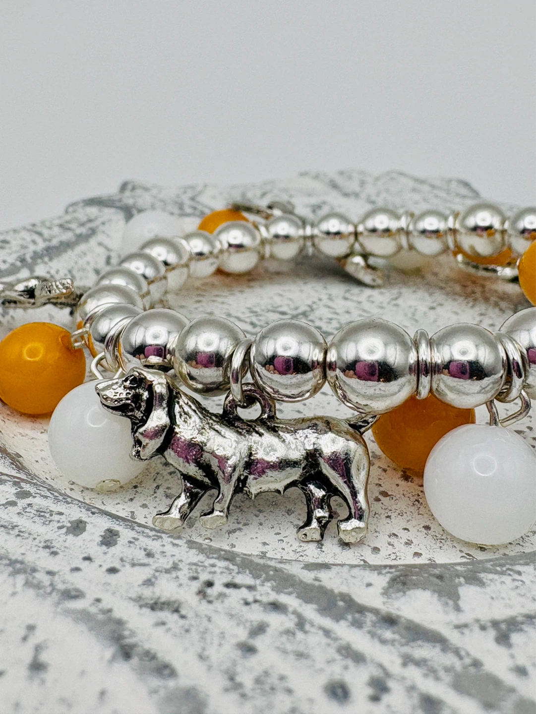 Whimsical Basset Hound Charm Bracelet Silver Tone Beads - photo 4