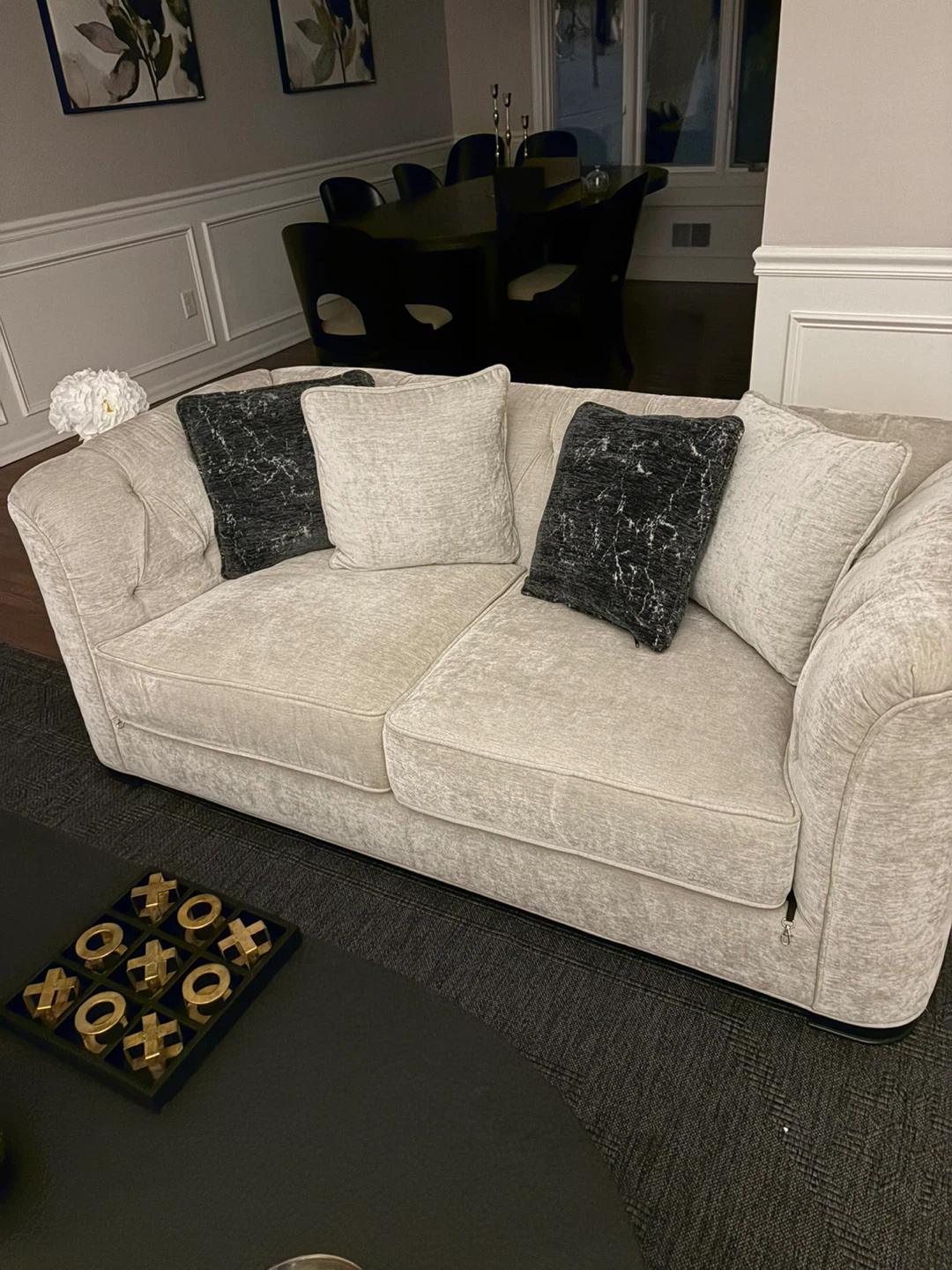 Dove Gray Upholstered Loveseat Sofa with Decorative Pillows