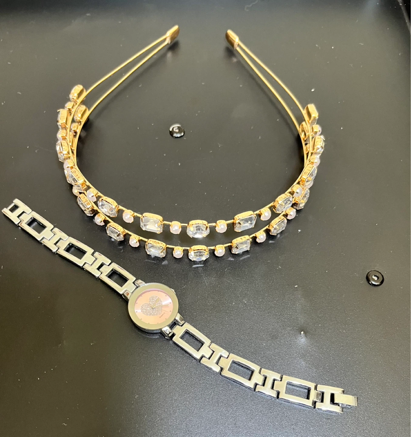 Gold Rhinestone and Pearl headband pink Heart Watch - photo 3