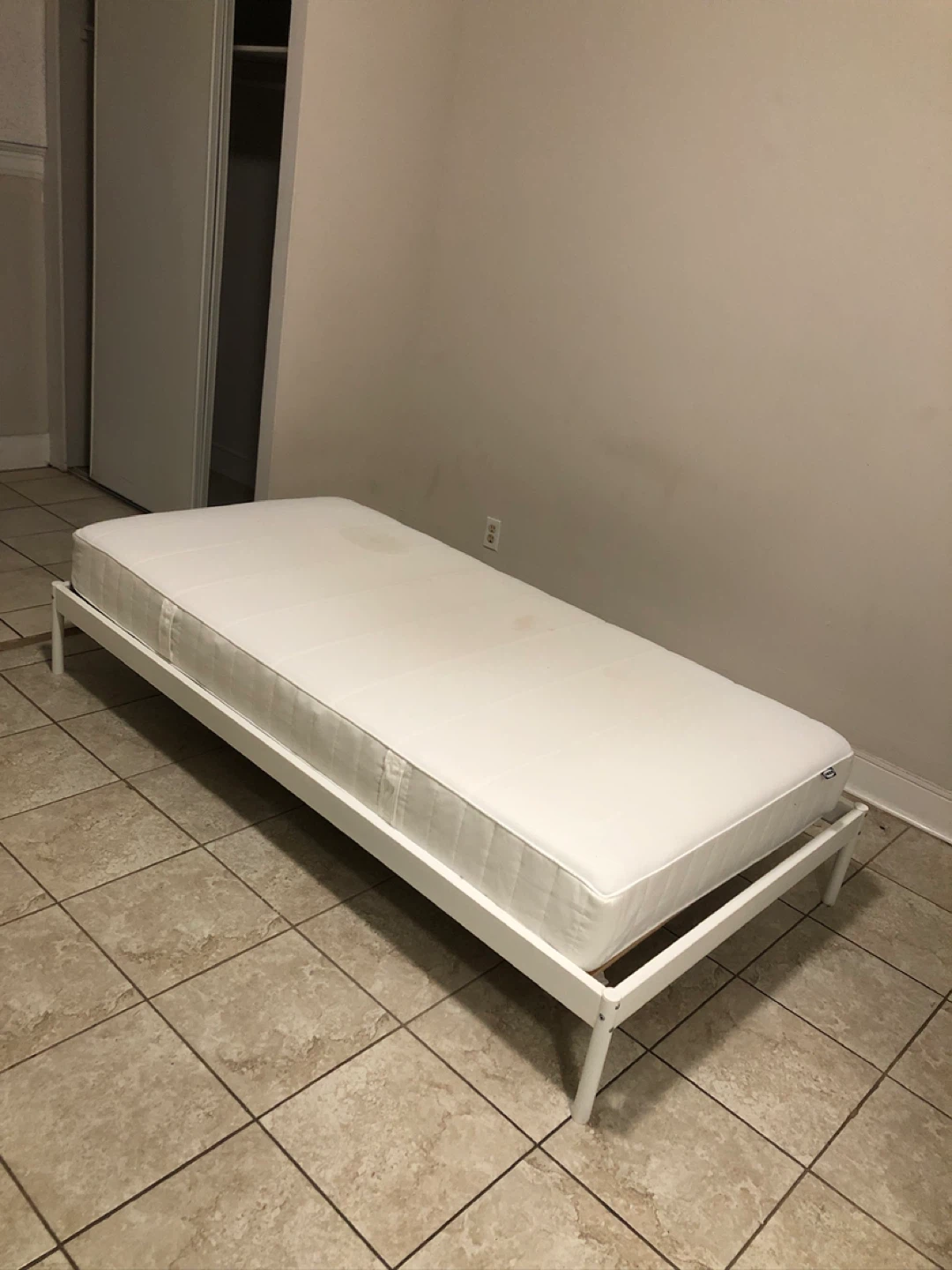 White Metal Twin Bed Frame with Slats
