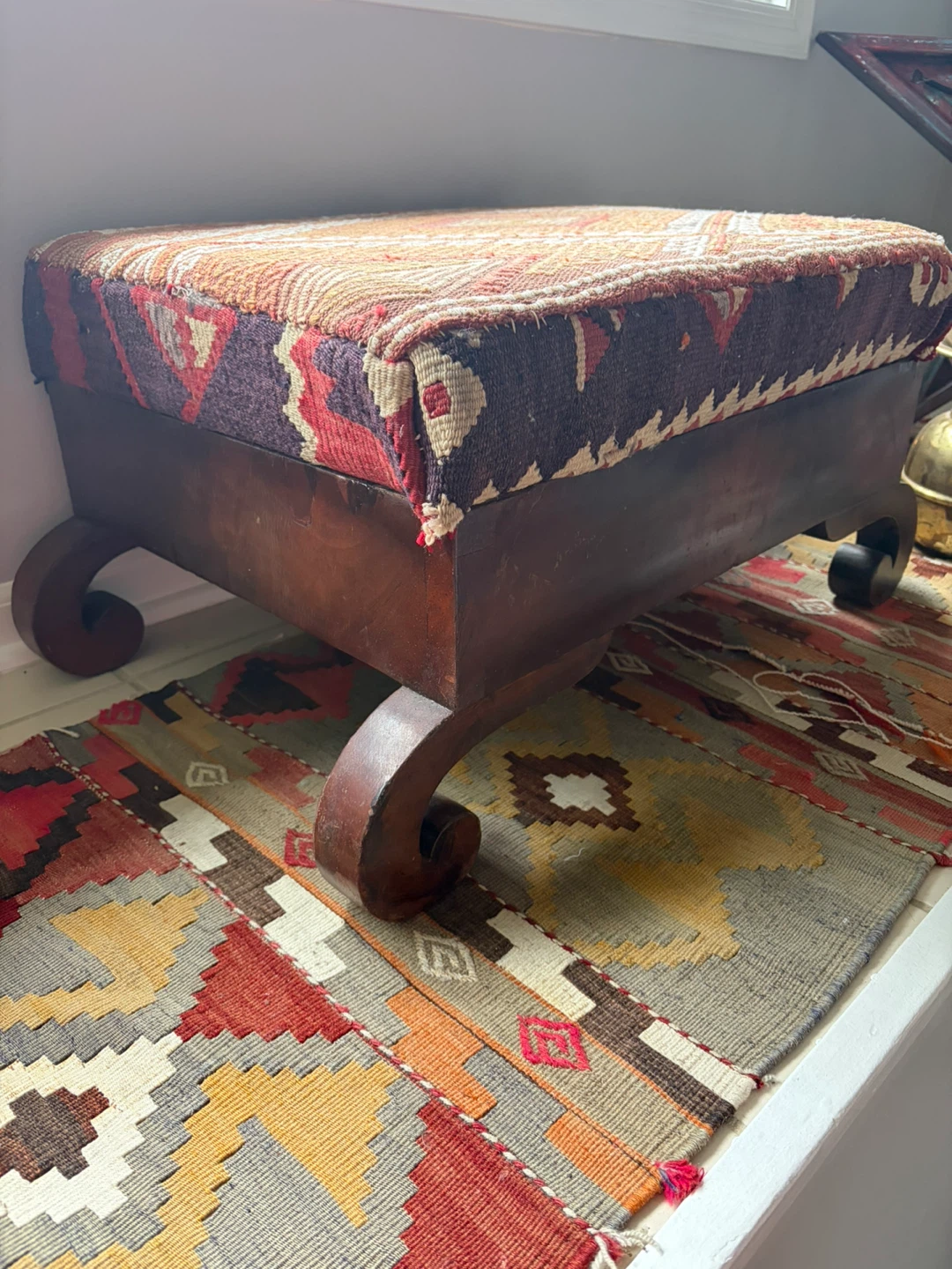Antique Ottoman Footstool with Kilim Top