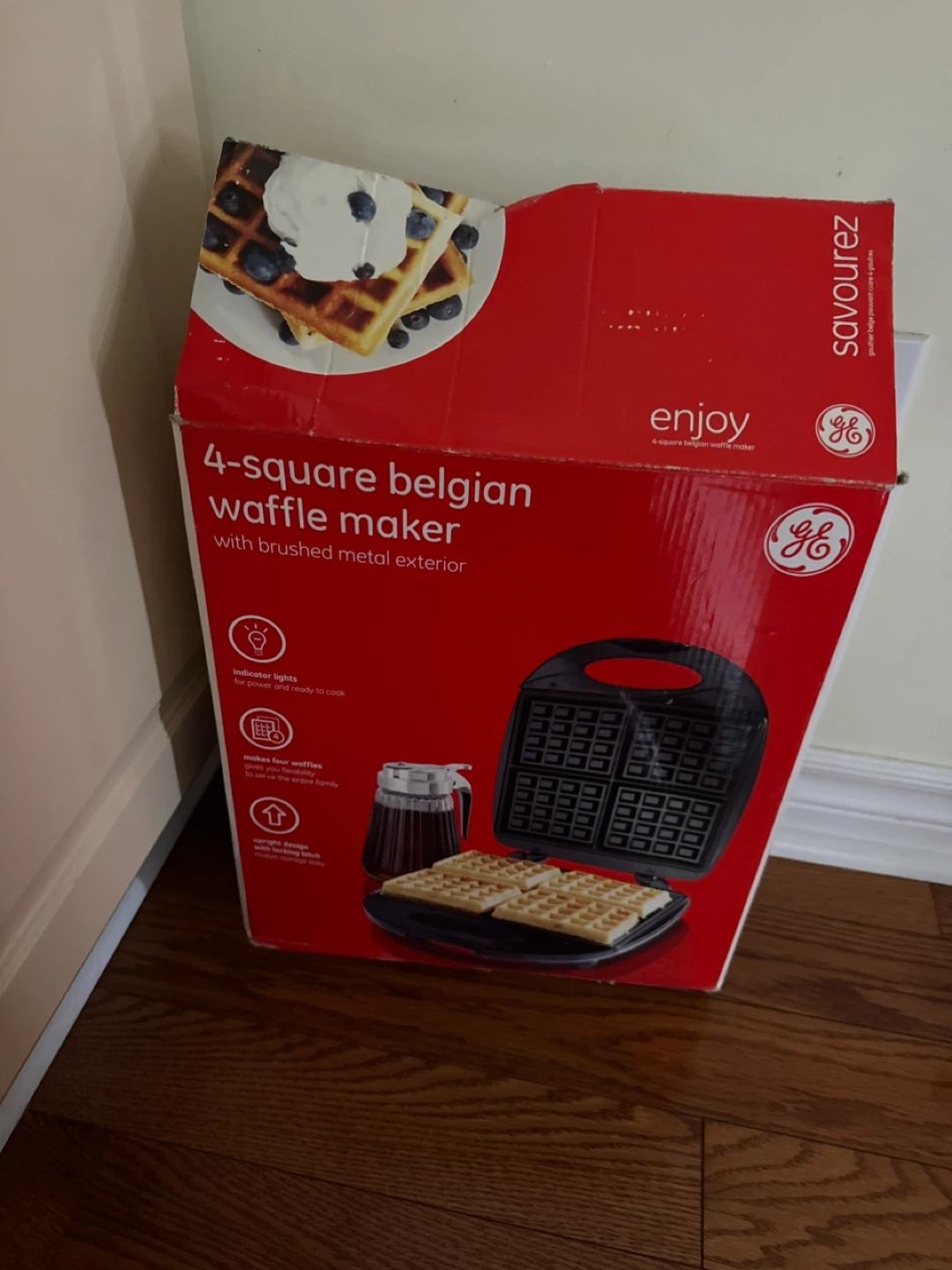 GE 4-Square Belgian Waffle Maker with Brushed Metal Exterior